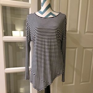 Cabi Navy Boat Stripe Asymmetrical Hem Tee